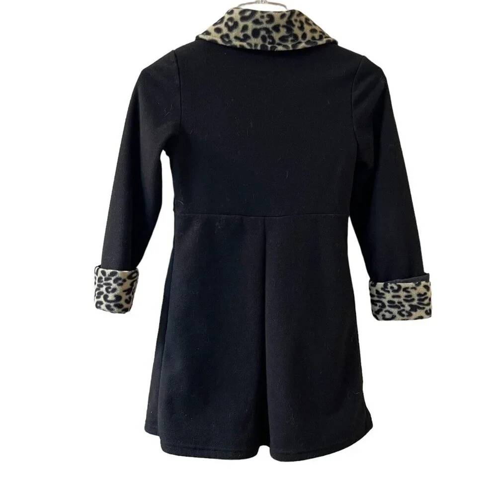 Vtg Copper Key Soft Black Coat Faux Fur Leopard Trim Size 7/8 Buttons Pockets - Picture 2 of 13